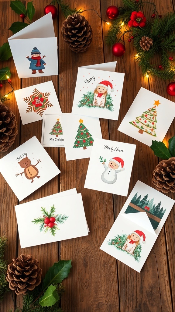 Unique Christmas Card Ideas A variety of unique Christmas cards on a wooden table with festive decorations.